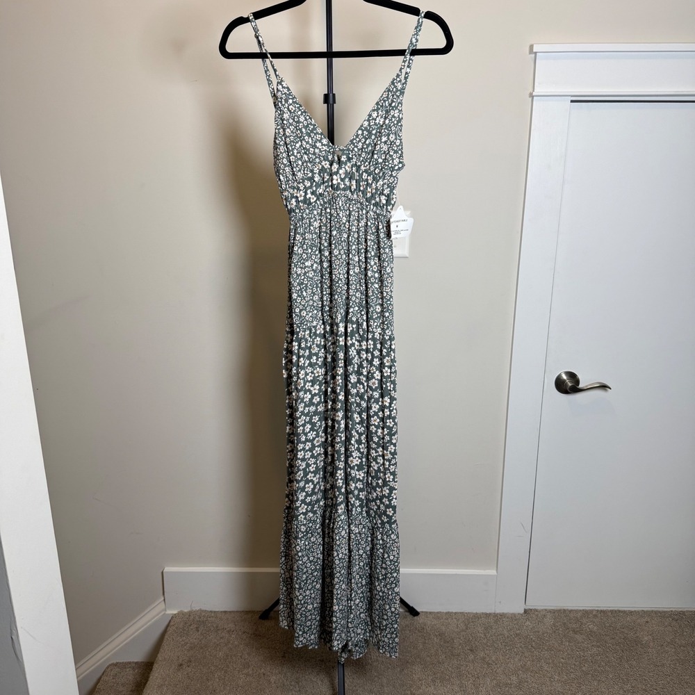 Angie Maxi Dress Womens M Green Rayon Floral Boho Tiered Festival Summer NEW